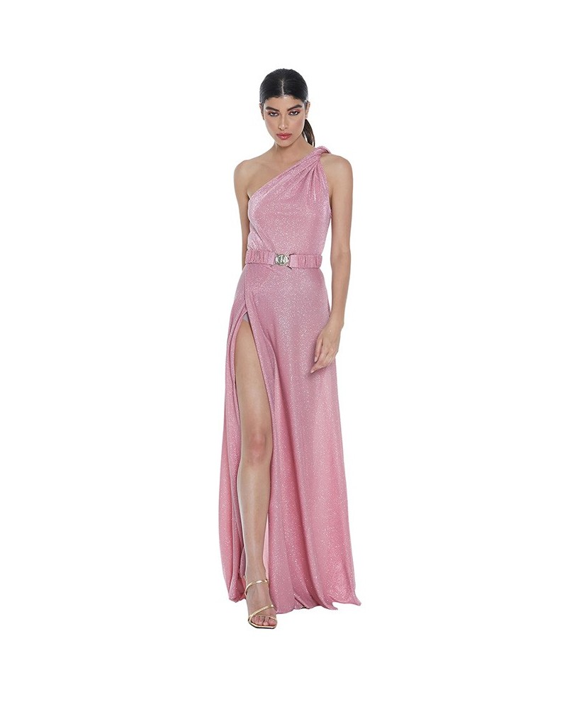 RELISH Long laminated dress with slit and one shoulder